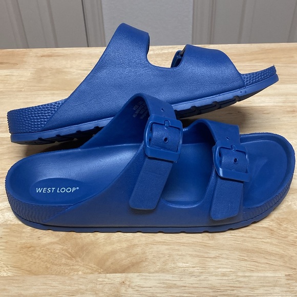 West Loop Navy Pool Slides Double Buckle Lightweight Shoes Size 4-5 - Picture 2 of 8